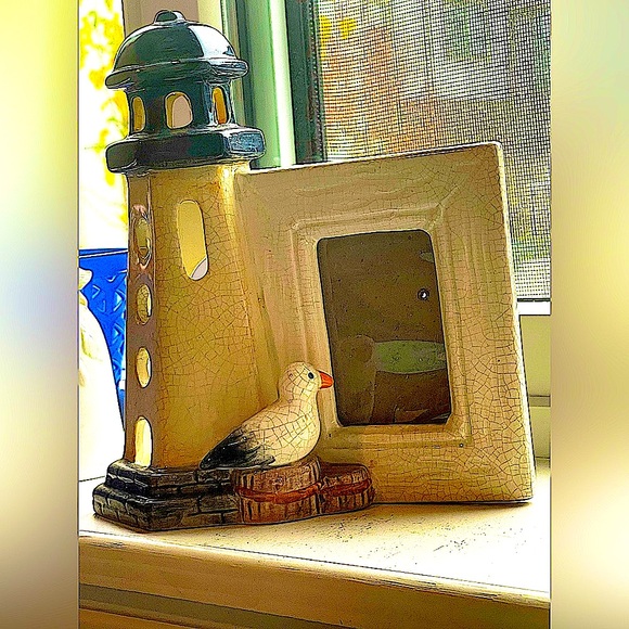 lighthouse candleholder picture frame w/seagull bird ceramic votive vtg 10" high - Picture 1 of 4